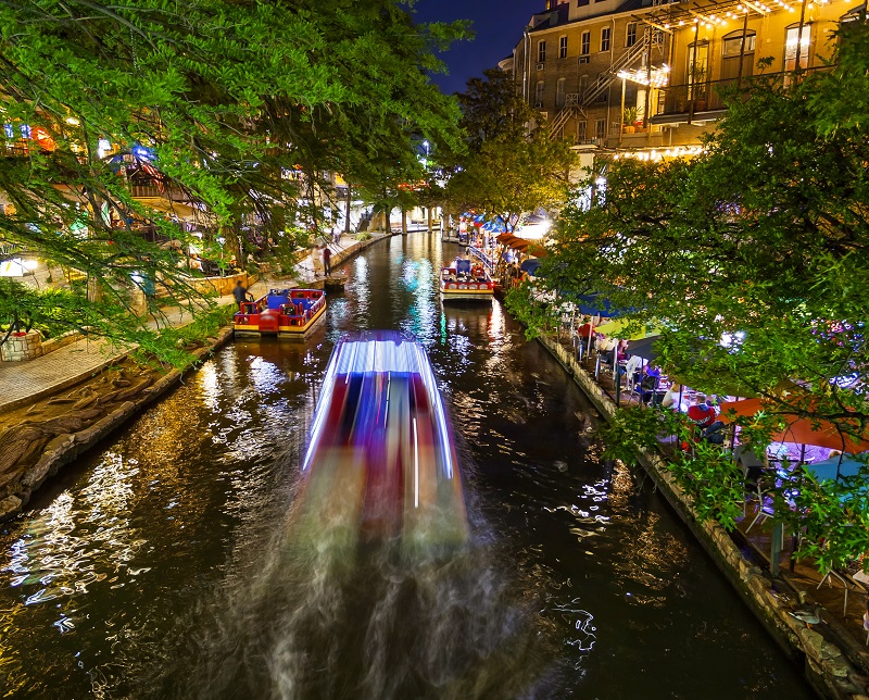 San Antonio River Walk at Night in San Antonio, Texas.
