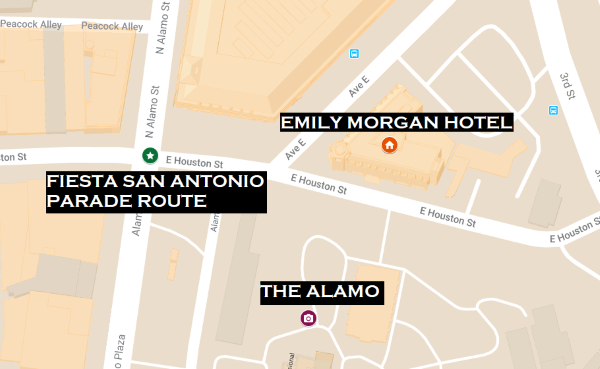 A map showing the proximity of Emily Morgan to The Alamo and the San Antonio parade route.