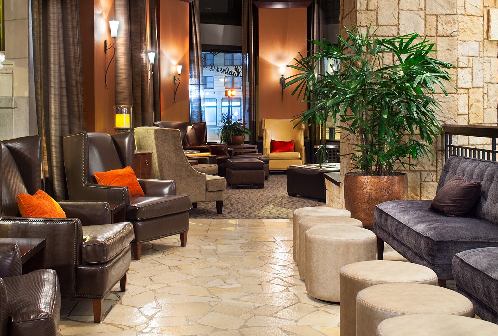 The lounge area of the lobby at the Emily Morgan hotel.