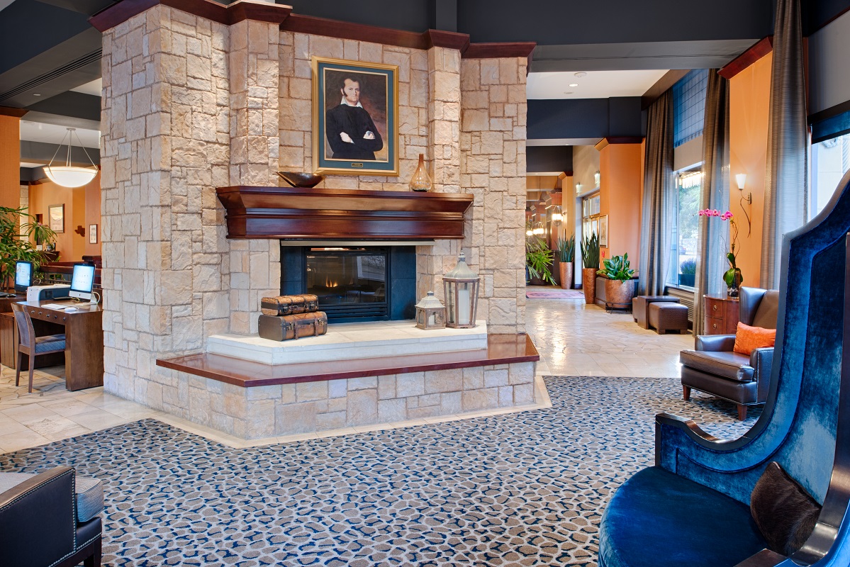 The fireplace in the lobby of the Emily Morgan hotel.
