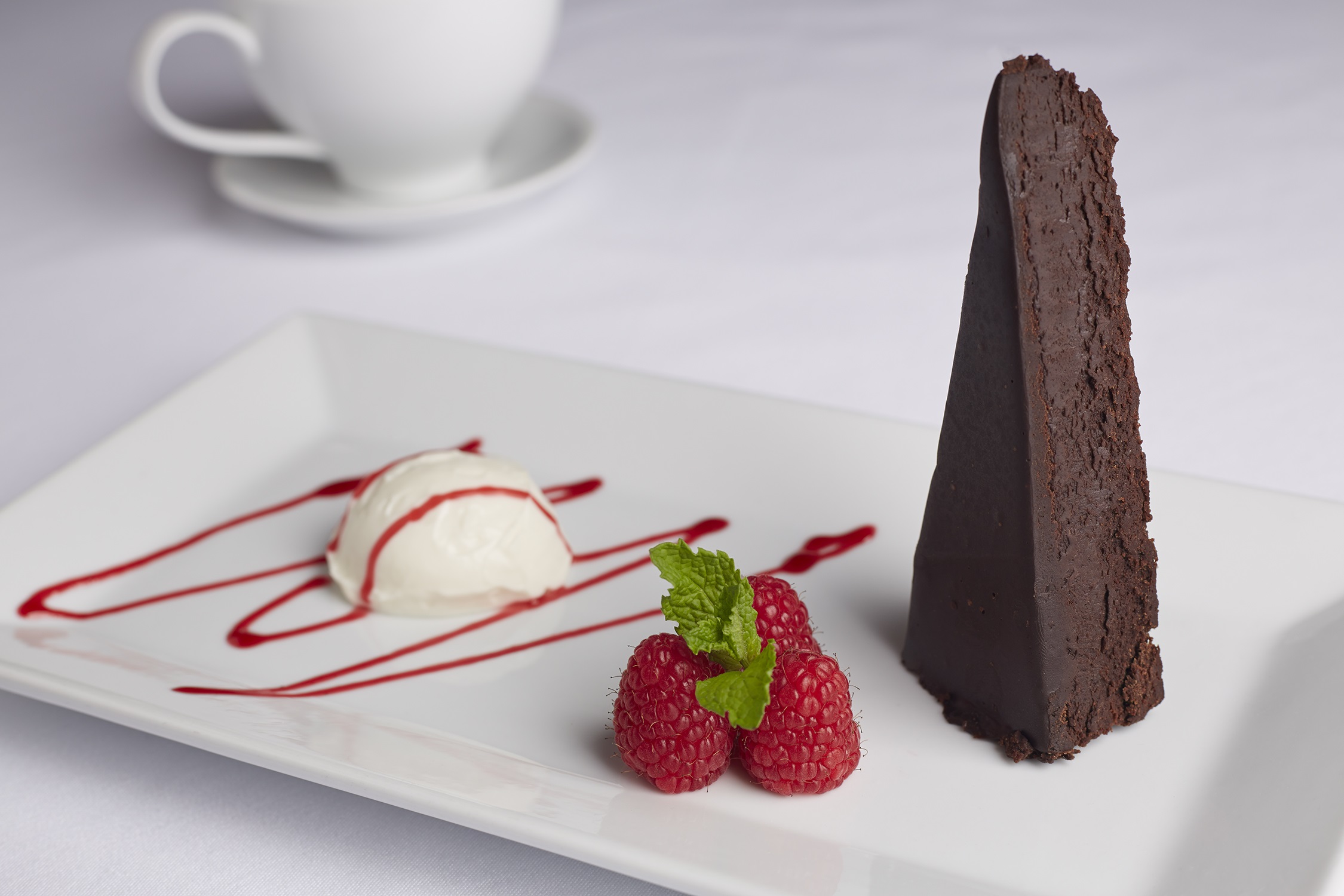 Flourless chocolate cake, ice cream, and raspberries at Oro Restaurant and Bar.