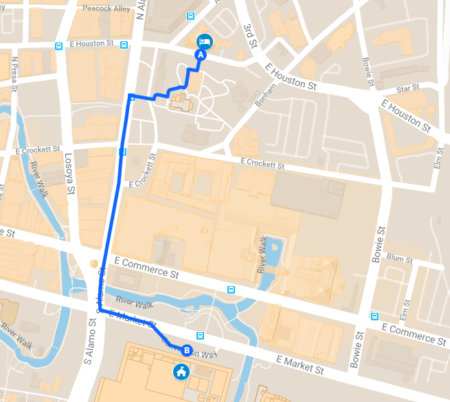 A map showing the distance between the Emily Morgan hotel and the González Convention Center.