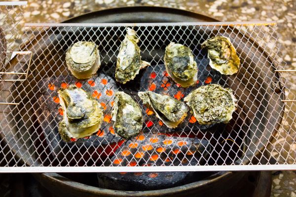 Oysters on a grill.
