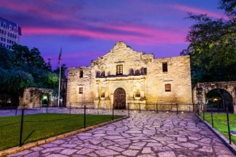 The front of the Alamo at dusk.