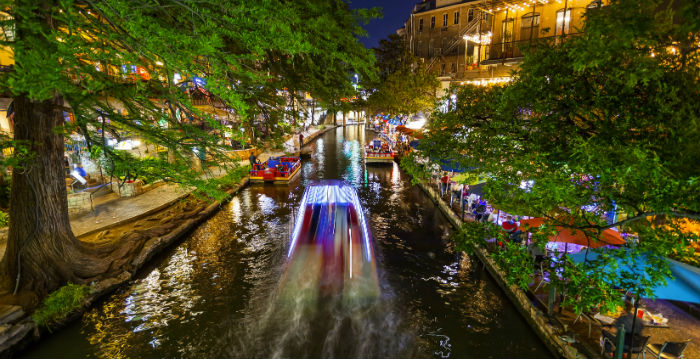 The San Antonio Riverwalk at night.