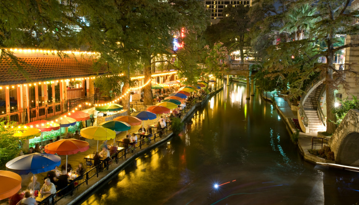 The San Antonio Riverwalk at night.