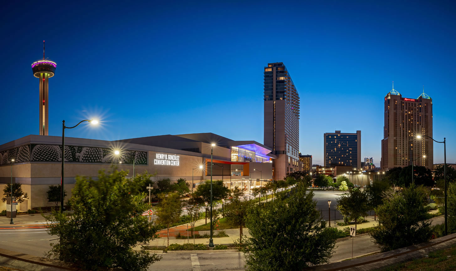 The Henry B. Gonzales Convention Center at night.