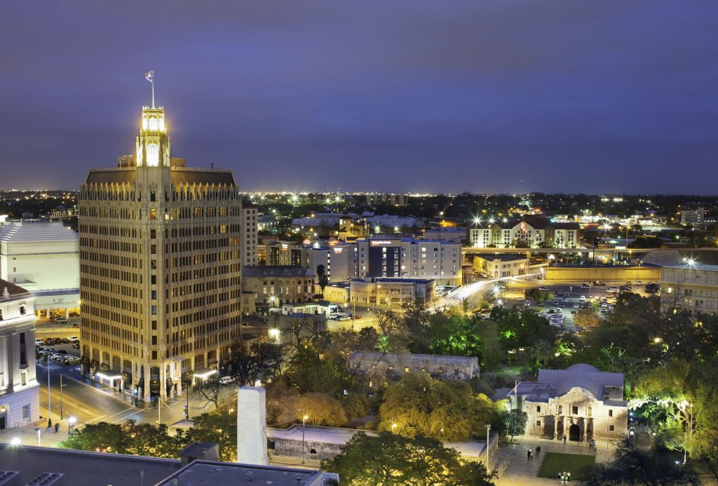 The San Antonio skyline at night.