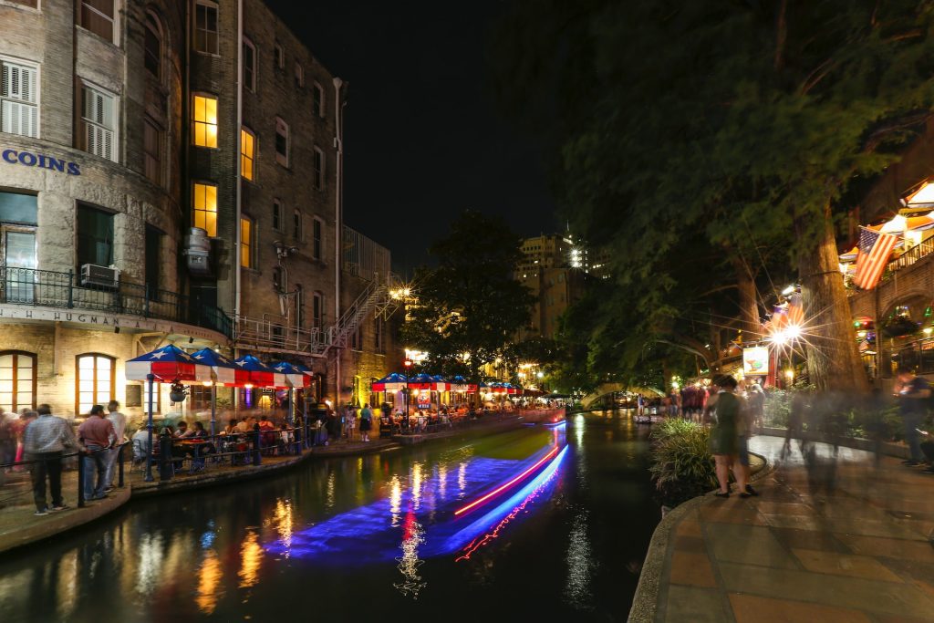 Riverwalk in San Antonio at night.