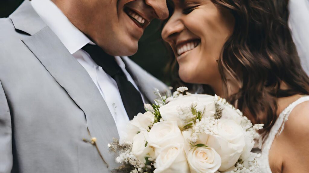 Close up of couple getting married. Bride is holding a bouquet of white flowers.