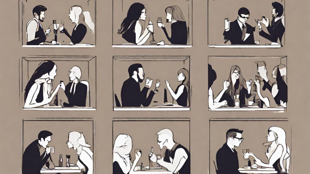 Sketch of multiple speed dating couples in a grid layout.