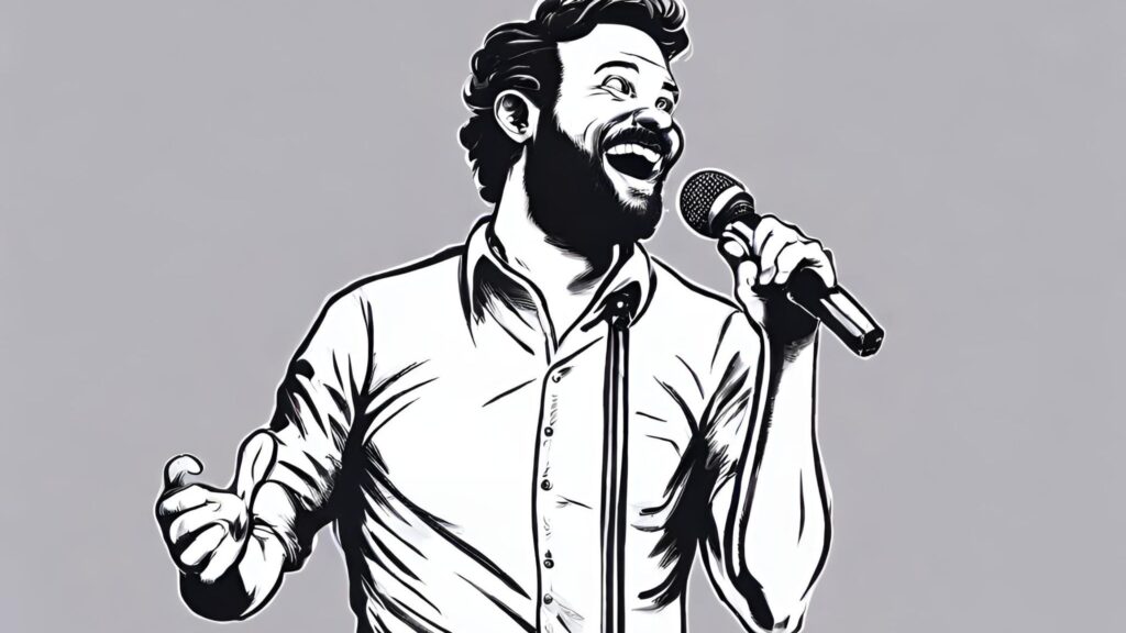 Drawing of a stand-up comic in front of a mic.