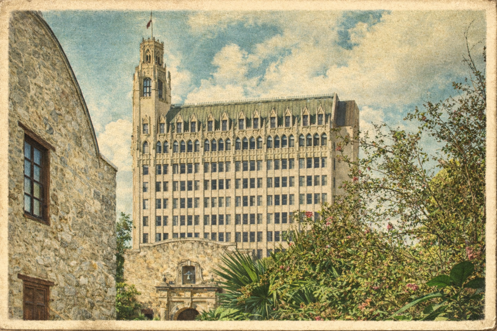 Emily Morgan Hotel in a postcard style.