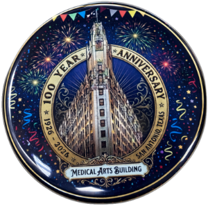 Emily Morgan Hotel 100 year anniversary Fiesta button featuring Medical Arts Building and fireworks design