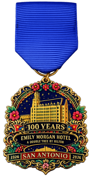 Emily Morgan Hotel 100 year anniversary Fiesta medal with ribbon featuring historic building and San Antonio design