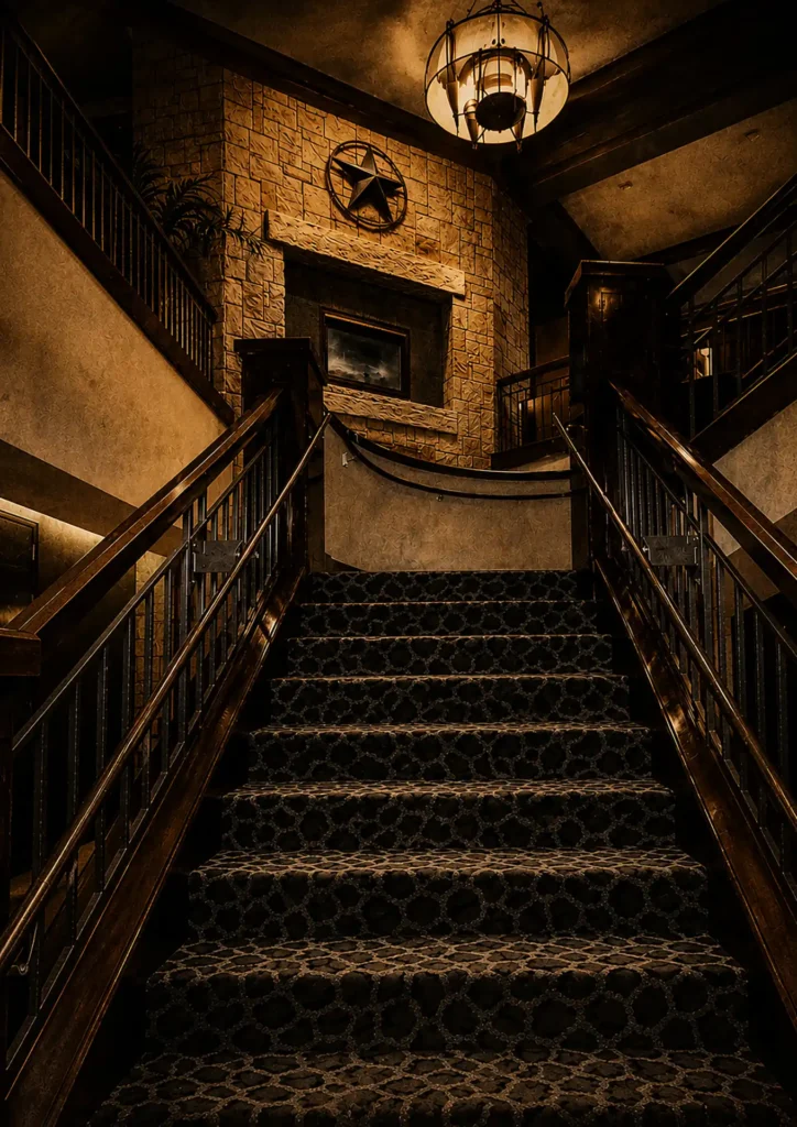 Staircase to the lobby of the Emily Morgan Hotel.